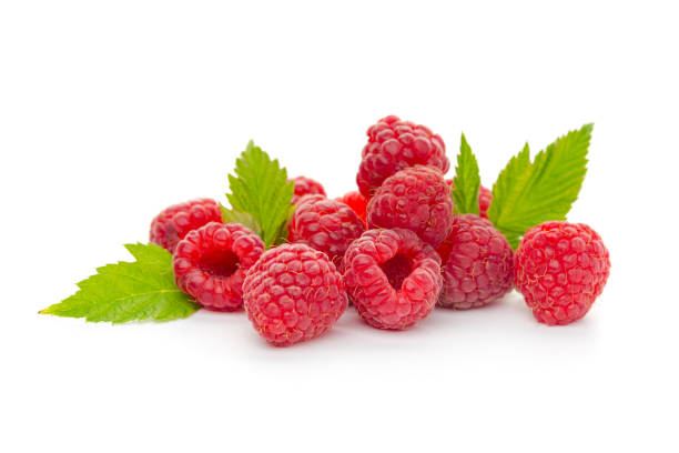 istock Ripe raspberries with leaf isolated on a white background 1270286207