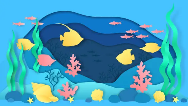 Vector illustration of Paper cut underwater. Aquarium with fish and seaweeds, ocean bottom landscape with coral reef and algae. Vector underwater