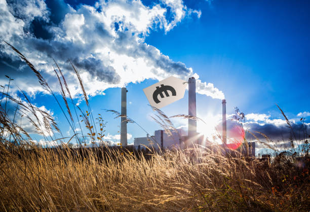 concept: price tag for co2 emissions. carbon tax. composite image of a pricetag with a euro sign attached to funnel of thermal power plant. fumes emitted. weed in the foreground, sun flares. - kyoto accord fotos imagens e fotografias de stock
