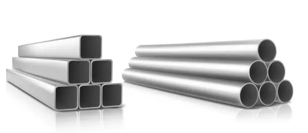 Vector illustration of Pipes stack square and round steel metal pipelines