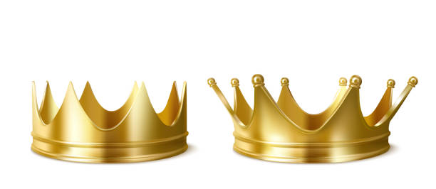 Golden crowns for king or queen crowning headdress Golden crowns for king or queen, crowning headdress for Monarch. Royal gold monarchy medieval emperor coronation symbol, imperial sign isolated on white background. Realistic 3d vector illustration gold metal clipart stock illustrations