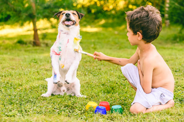 creativo niño pintando en su mascota perro obediente con pincel - paint can fotografías e imágenes de stock