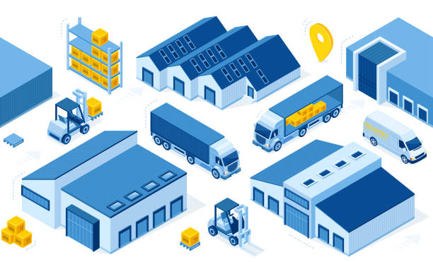 Isometric warehouse, truck, forklift and boxes Warehouse industry with storage buildings, trucks, forklift and rack with boxes. Vector isometric set of storehouse, pallet, lorry and loader. Distribution logistic and cargo delivery concept warehouse stock illustrations
