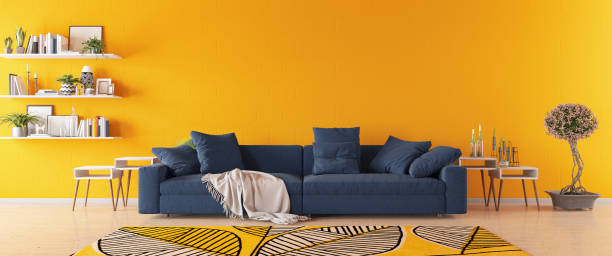 istock Yellow Interior of Living Room with Sofa Panoramic View 1270288475