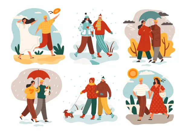 Vector illustration of Different weather and seasons with people