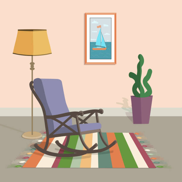 purple rocking chair in the interior with a striped carpet floor lamp and a painting on the wall purple rocking chair in the interior with a striped carpet floor lamp and a painting on the wall rocking chair stock illustrations