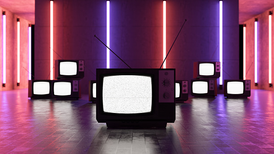 Pile of Old Televisions with Neon Lights. 3d render