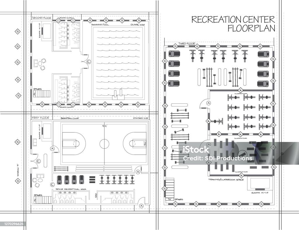 Blueprint of recreation center A floor plan of a recreation center. The features of the rec center include a swimming pool, basketball court and workout room. Blueprint stock vector