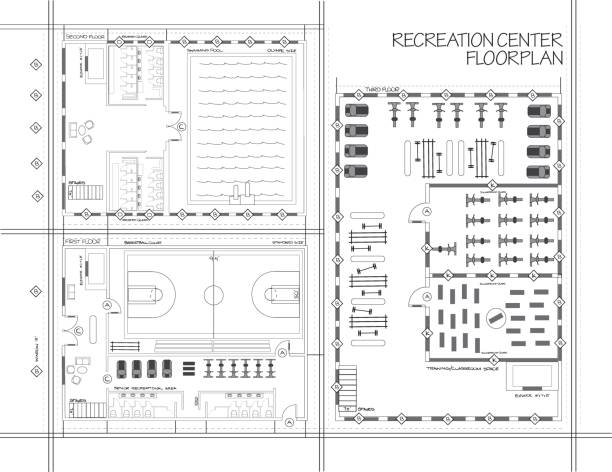 Blueprint of recreation center A floor plan of a recreation center. The features of the rec center include a swimming pool, basketball court and workout room. community health center stock illustrations