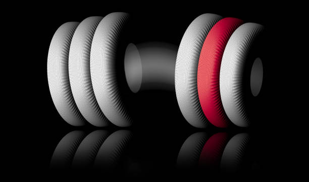 istock Dumbbells 3d rendering illustration of a curved shape with one red disc isolated on black background. Gym, fitness and sports equipment symbol. 1270300952