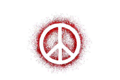 Peace symbol on red glitter isolated on white background