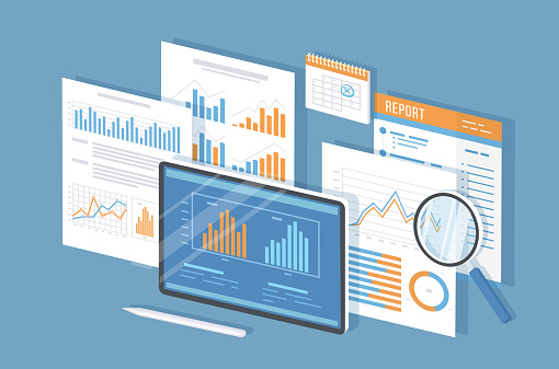 Mobile auditing, data analysis, statistics, research. Tablet with information on the screen, documents, report, calendar, magnifying glass. Isometric 3d vector illustration.