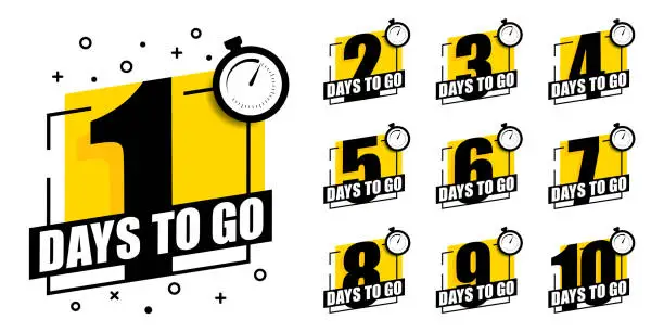 Vector illustration of Countdown of days 1,2,3,4,5,6,7,8,9,10. The days left badges. A countdown is going on, one day I left a badge and a label to calculate the date of work. Offer timer, sticker limited to a few days.