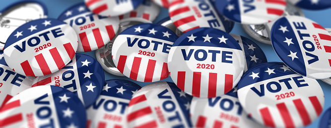 Many campaign buttons for 2020 United States Presidential Election. 3D rendering image.