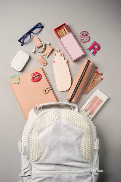 istock Women backpack and accessories on gray background 1270303644