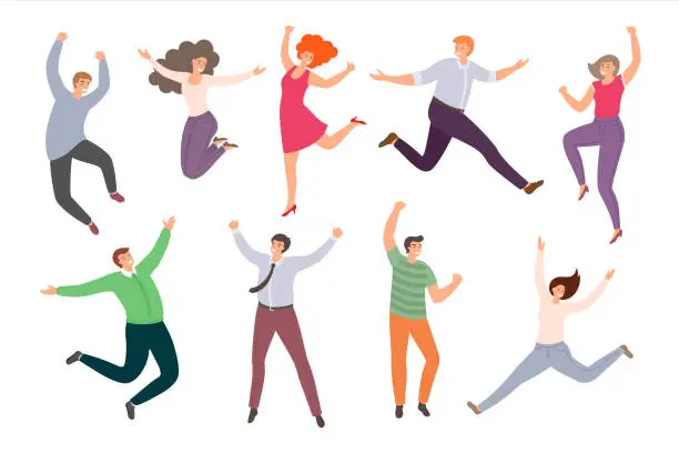 Vector illustration of Group of happy jumping people in flat style isolated on white background. Hand-drawn collection of funny cartoon women and men.