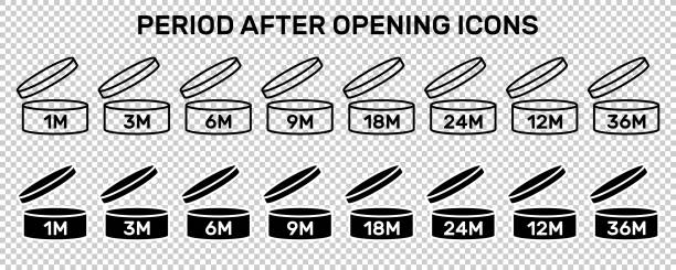 아이콘을 설정한 후 기간입니다. pao 기호입니다. 캡이 있는 둥근 상자가 열렸습니다. 투명 한 배경에 화장품 포장에 대 한 개월 징후에서 만료 기간 - 6 12 months stock illustrations