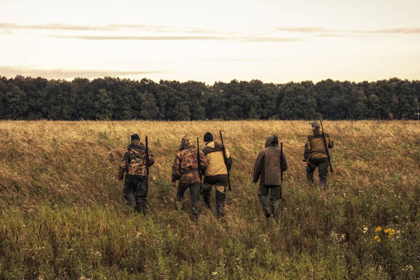 istock Hunters going through rural field towards forest against sunrise sky and forest on horizon during hunting season 1270305949