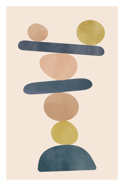 Minimalist poster with watercolor texture. Pastel colors. Abstract minimalist hand-drawn illustration. Shapes standing in stack and balancing. Minimalist poster with watercolor texture. Pastel colors. Vertical poster with abstract shapes balance borders stock illustrations
