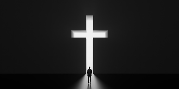 God is our only salvation. Man getting out of dark room trough Christian cross. Religion concept 3D render 3D illustration