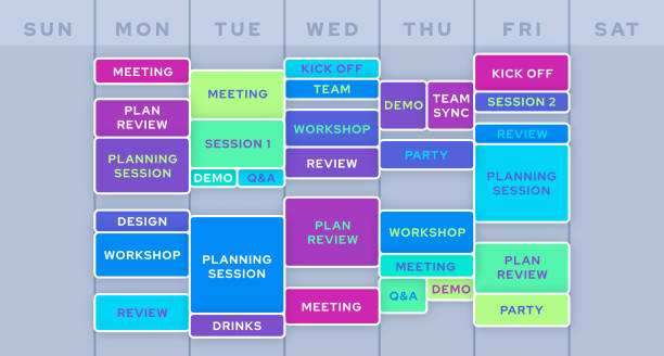 Work Business Planning Calendar Schedule Planning and work business scheduling personal calendar. busy calendar stock illustrations
