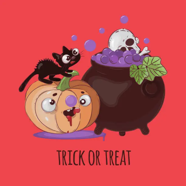 Vector illustration of CRAZY CAT Halloween Pumpkin Cartoon Vector Illustration Set