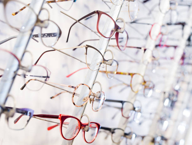 Glasses showcase in modern optic shop