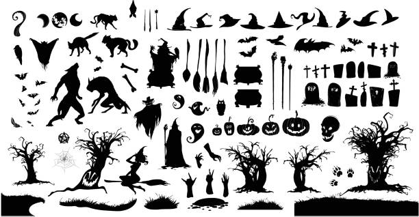 Halloween collection, witch, wizard attributes, creepy and spooky elements. Happy Halloween Magic collection, witch, wizard attributes, creepy and spooky elements for halloween decorations, doodle silhouettes, sketch, icon, sticker. Hand drawn vector illustration. warnock stock illustrations