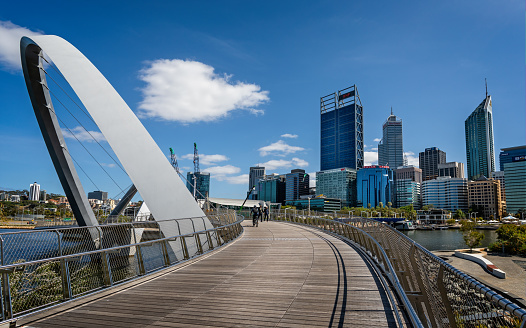 Cyclist and pedestrians  on the Elizabeth Quay pedestrian bridge in Perth, WA, Australia on 24 October 2019