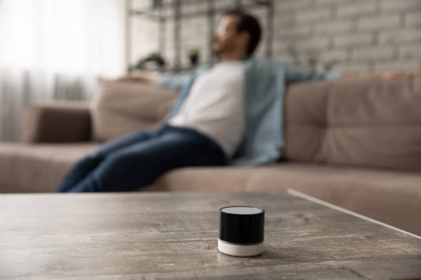 istock Mobile wireless speaker on table in living room 1270316249