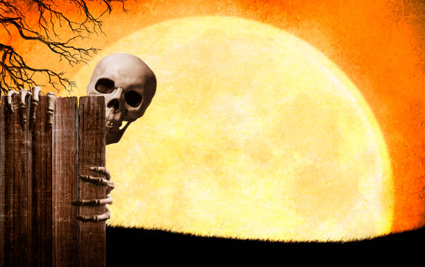 A skeleton peeks out from behind an old weathered fence in front of a large full moon. The fence provides ample room for copy and text.