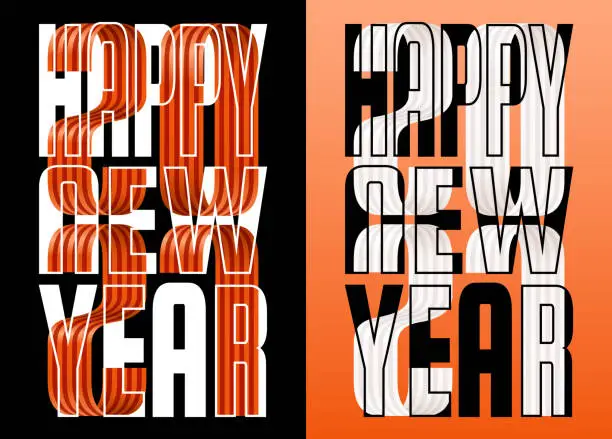 Vector illustration of set 2021 happy new year orange and white ribbon font onblack and yellow background. Merry Christmas and happy new year greeting card banner.