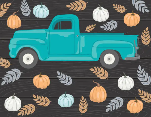 Vector illustration of Old Aqua Pickup Truck With Leaves And Pumpkins