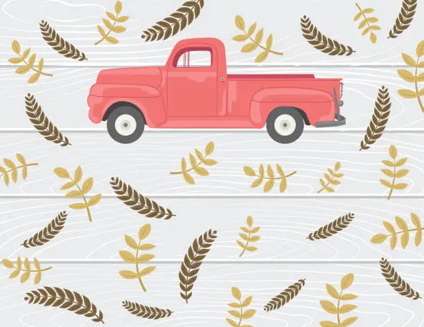 Vector illustration of Antique Red Truck On Wood Background With Fall Leaves