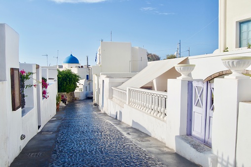 Street scene in the traditional Greek village of Megalochori on Santorini Greece