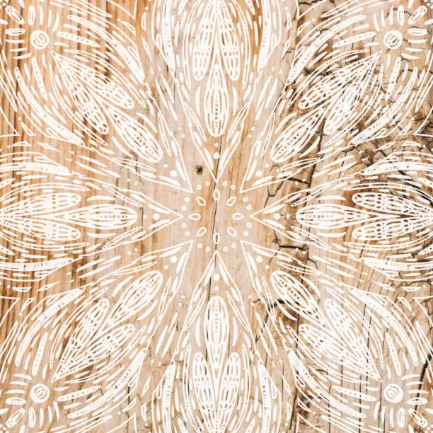 Vector illustration of Boho Background with White Flower Mandala Stencil On Shabby Wood Wall. Shabby Wooden Background. Grunge Texture, Painted Surface. Coastal Background.