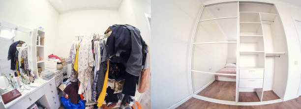 istock A cluttered room without a cabinet and clean after installing a built-in wardrobe 1270324725