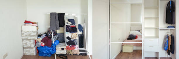 istock A mess in the house with clothes before installing the cabinet and cleanliness after installing it 1270324735