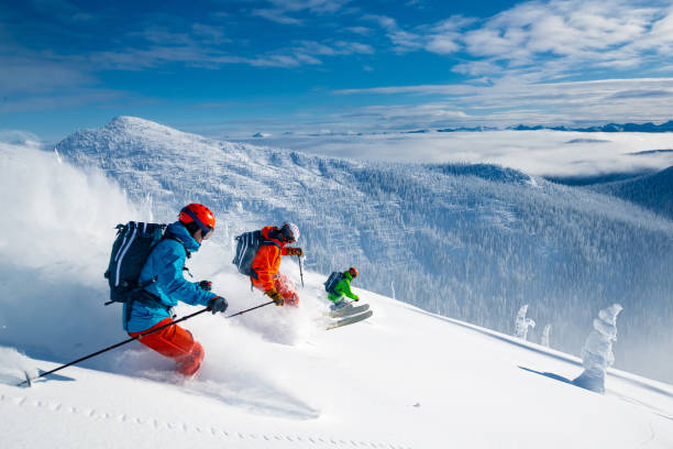 group skiing Powder skiing in the backcountry. british columbia stock pictures, royalty-free photos & images