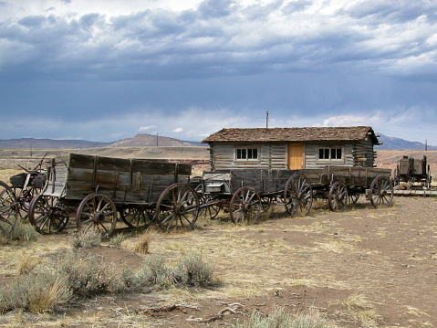 Old western style horse drawn wagons lined up in front of old western buildings,\n\nTaken in Cody, Wyoming.