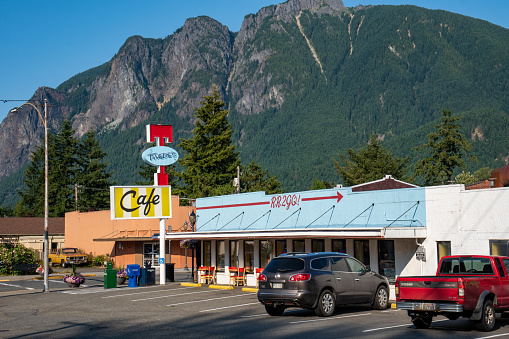 North Bend, Washington - July 29, 2020: Twedes Cafe, a retro diner, known for being featured on the 90s TV show Twin Peaks, shown on a sunny day