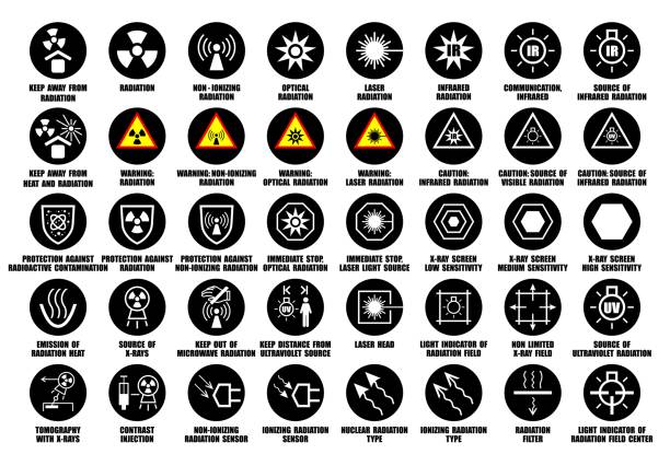 pełny zestaw laserów, promieniowania rentgenowskiego, podczerwieni, ultrafioletowych, optycznych ikon promieniowania z międzynarodowym standardem iso - nuclear power station danger symbol radioactive stock illustrations