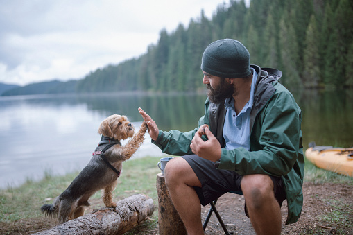 Man and his terrier dog are giving each other high five while their autumn camping vacation