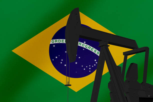 istock Nice pumpjack oil extraction with Brazil flag 3d render. 1270343276