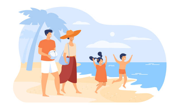 Family on summer vacation concept Family on summer vacation concept. Parents couple and kids walking on beach, going to bath in sea water, enjoying leisure. For outdoor activities and summer travel topics family trips and holidays stock illustrations