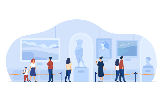 Museum visitors walking in art gallery. Tourists enjoying exposition, admiring artworks at exhibition. Vector illustration for excursion, people and culture concept.