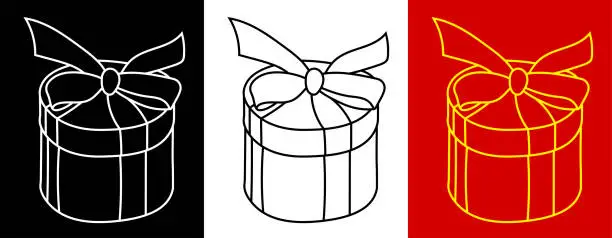 Vector illustration of round gift holiday boxes icon with bows on top. Gifts and surprises for new year 2021 and birthday. Black and white vector