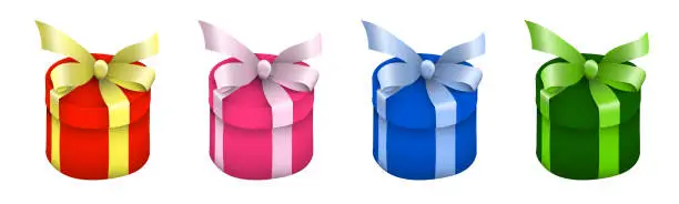 Vector illustration of round gift holiday boxes with multicolored silk bows on top. Gifts and surprises for the new year 2021 and birthday. Easily editable color. Vector
