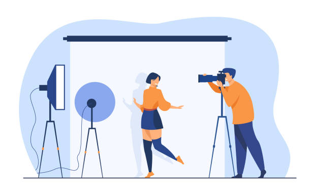 Professional photographer taking pictures of young woman Professional photographer taking pictures of young woman. Female model posing for camera against white backdrop among studio light. Vector illustration for photo shooting, photography concept photo studio model stock illustrations
