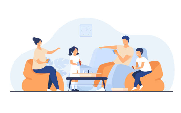 Family home activities concept Family home activities concept. Happy boy and girl with parents playing board games with cards and dices in living room. For entertainment, togetherness, having together topics family happiness stock illustrations